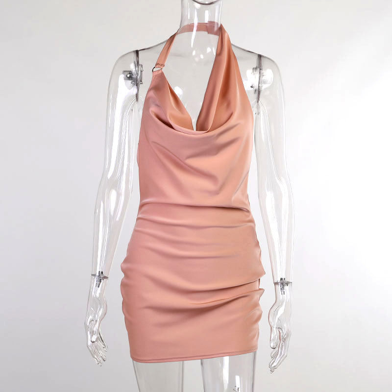 Satin Party V Neck Backless Dress - Woman`s Clothing