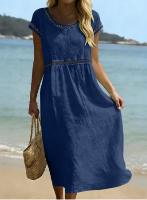 Elegant Round Neck Cotton Dress With Embroidered Lace Trim