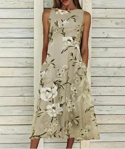 Floral Tunic Round Neck Mid-length A-line Dress