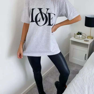 Digital Printing Casual Round Neck Oversized Love T-shirt - Woman`s Clothing