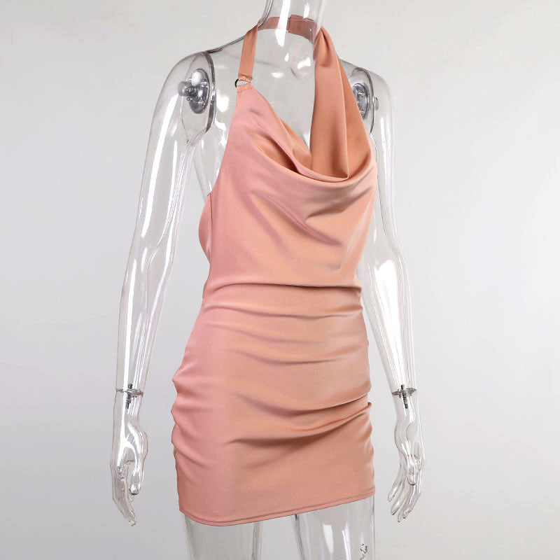 Satin Party V Neck Backless Dress - Woman`s Clothing