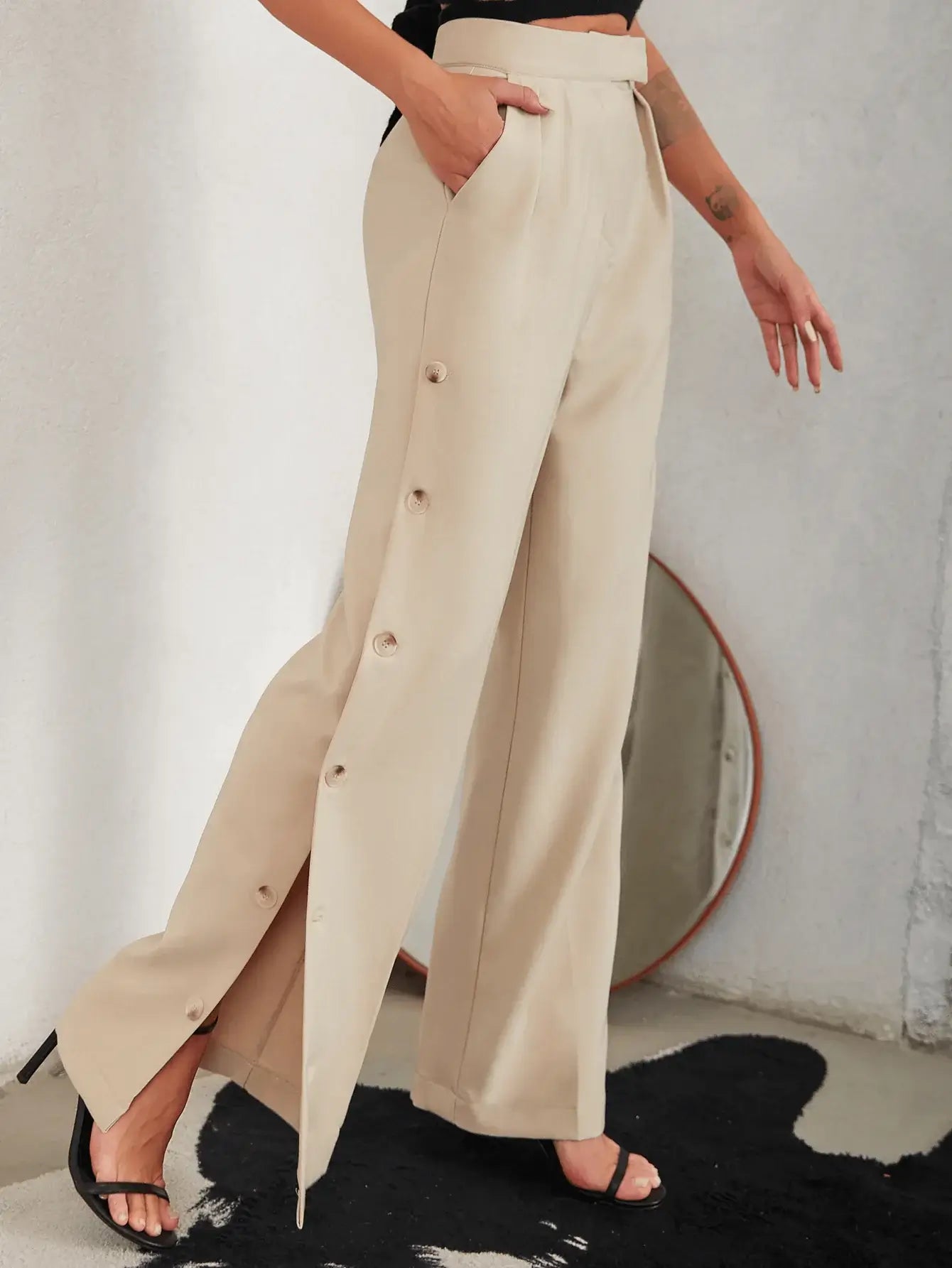 Side Button Pleated Wide Leg Pants Woman`s Clothing 49.00