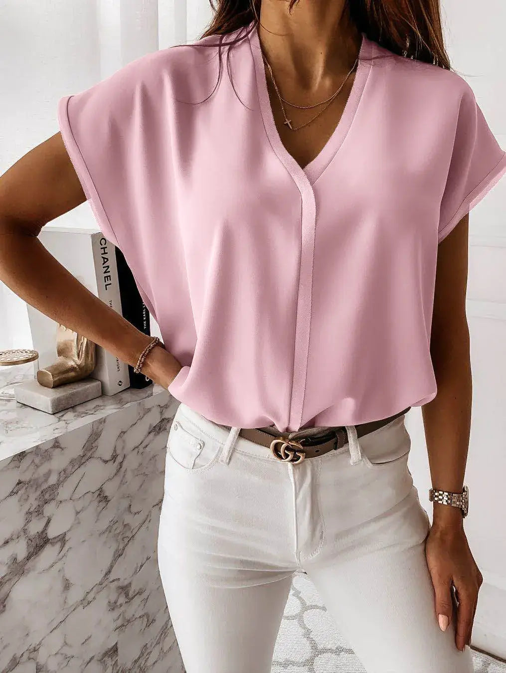 Pink Women’s Summer V Neck Chiffon Blouse T-shirt