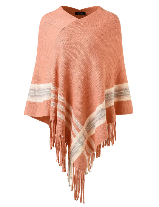 Women's Casual Fringe Poncho Sweater with Stripes