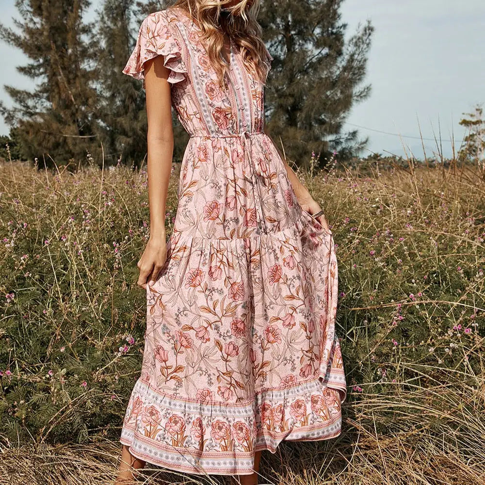 V-neck Floral Spring and Summer Dress Woman`s Clothing