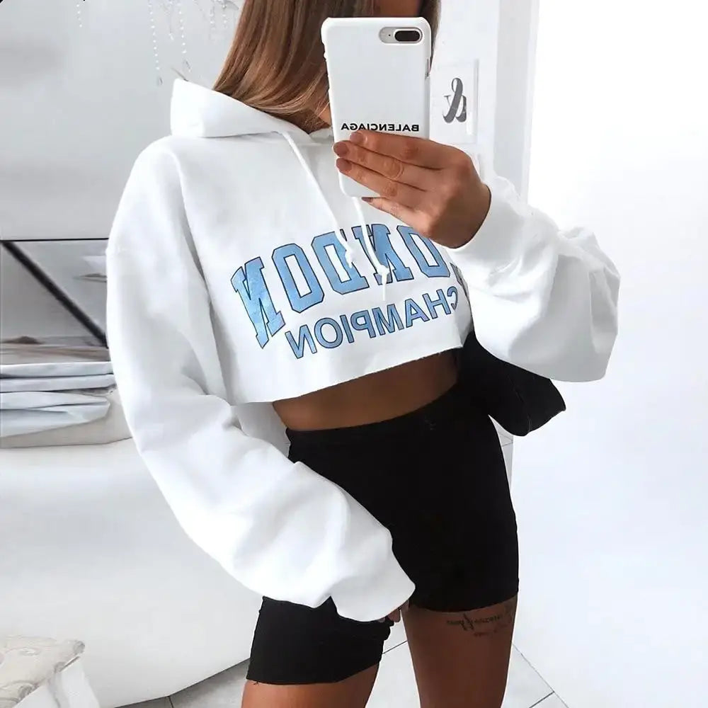 Blue Letters white Hooded Cropped Sweatshirt