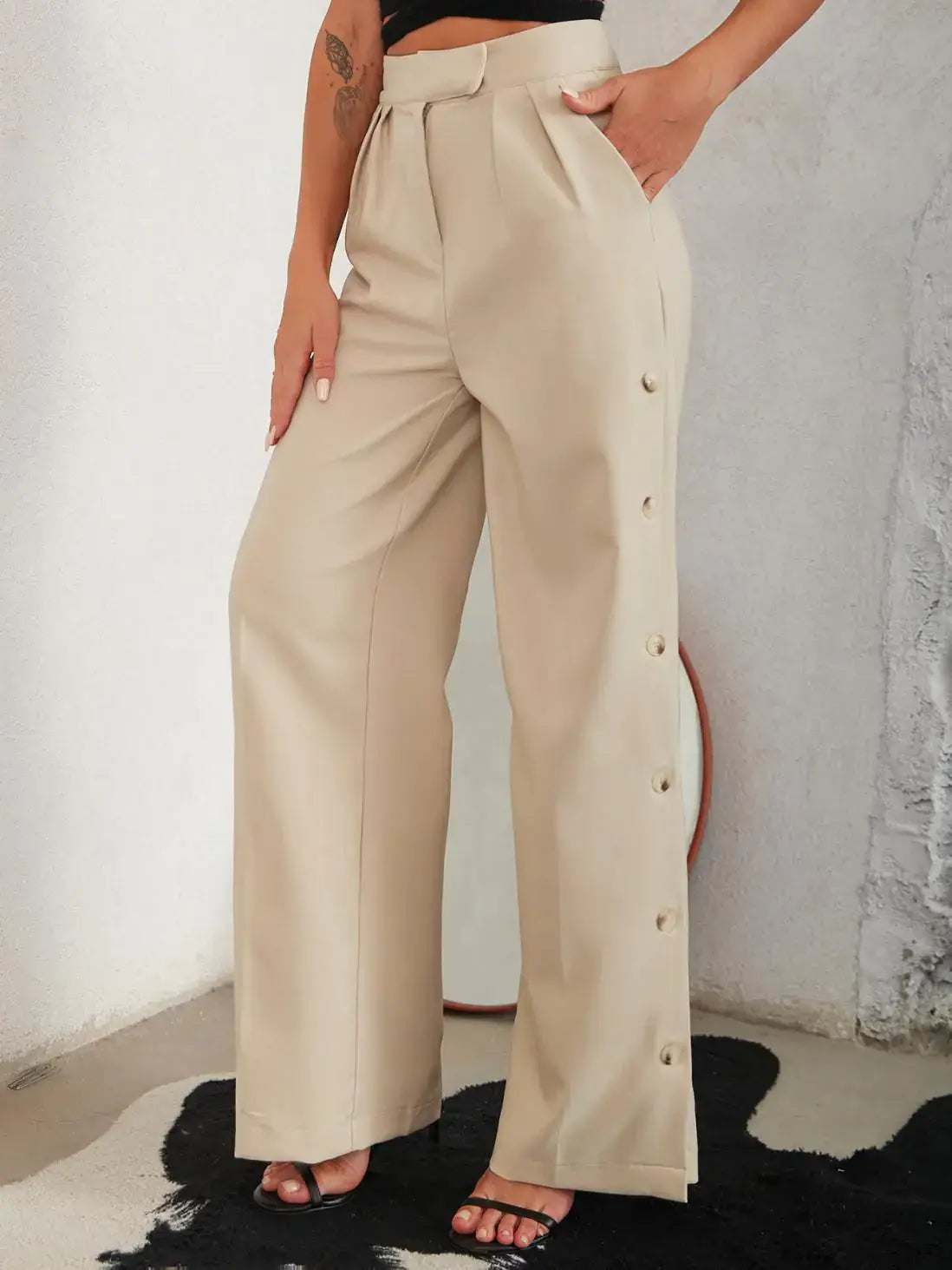 Side Button Pleated Wide Leg Pants Woman`s Clothing 49.00