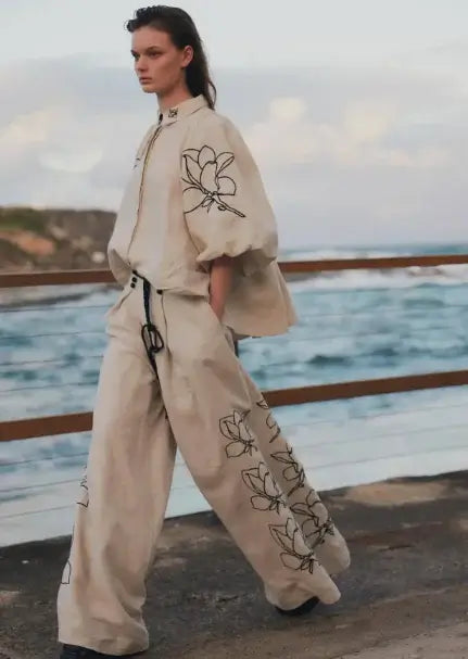 Spring/Summer Cotton-Linen Printed Wide-Leg Pants Suit Woman`s Clothing 59.00