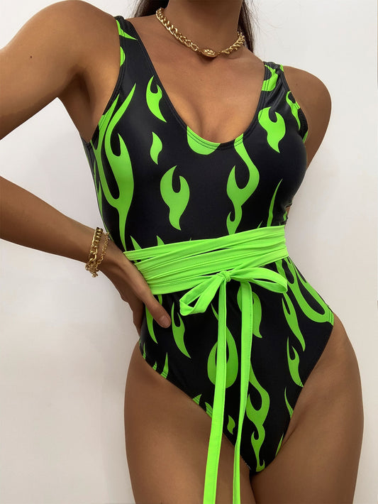 Flame print jumpsuit Sexy bikini swimsuit