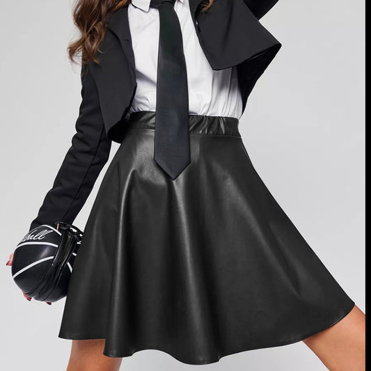 Black temperament high waisted commuter leather skirt