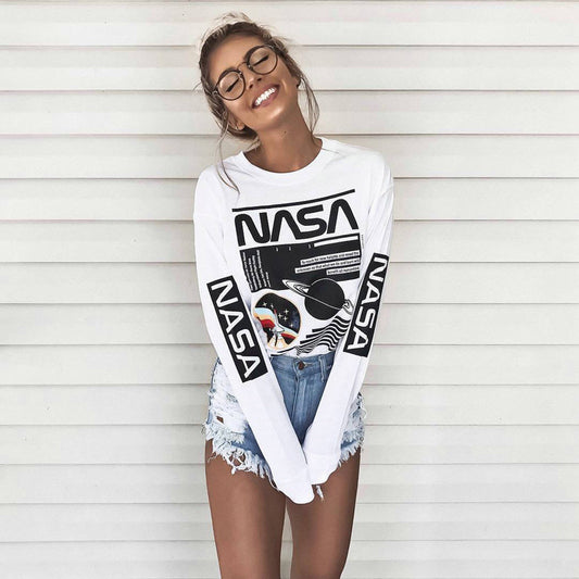 NASA planet pattern printed polyester cotton long sleeve T-shirt
