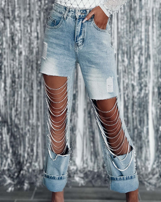 Ripped jeans chain hanging straight-leg pants