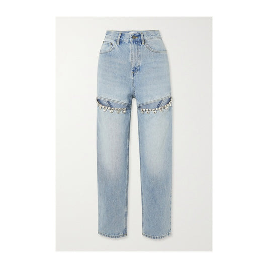 crystal decorated high-waisted straight leg jeans