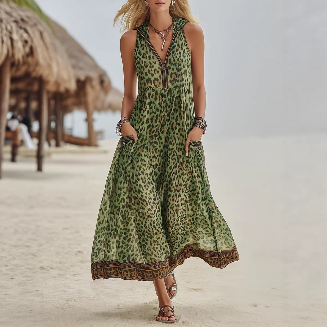 Sleeveless Leopard Print Midi Dress - Woman`s Clothing