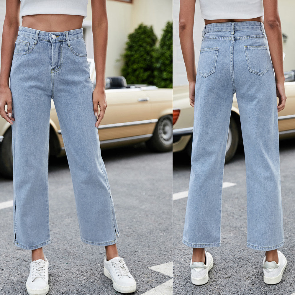 Woman`s Casual Side Slit All-match Jeans