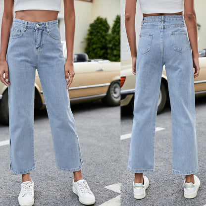 Woman`s Casual Side Slit All-match Jeans