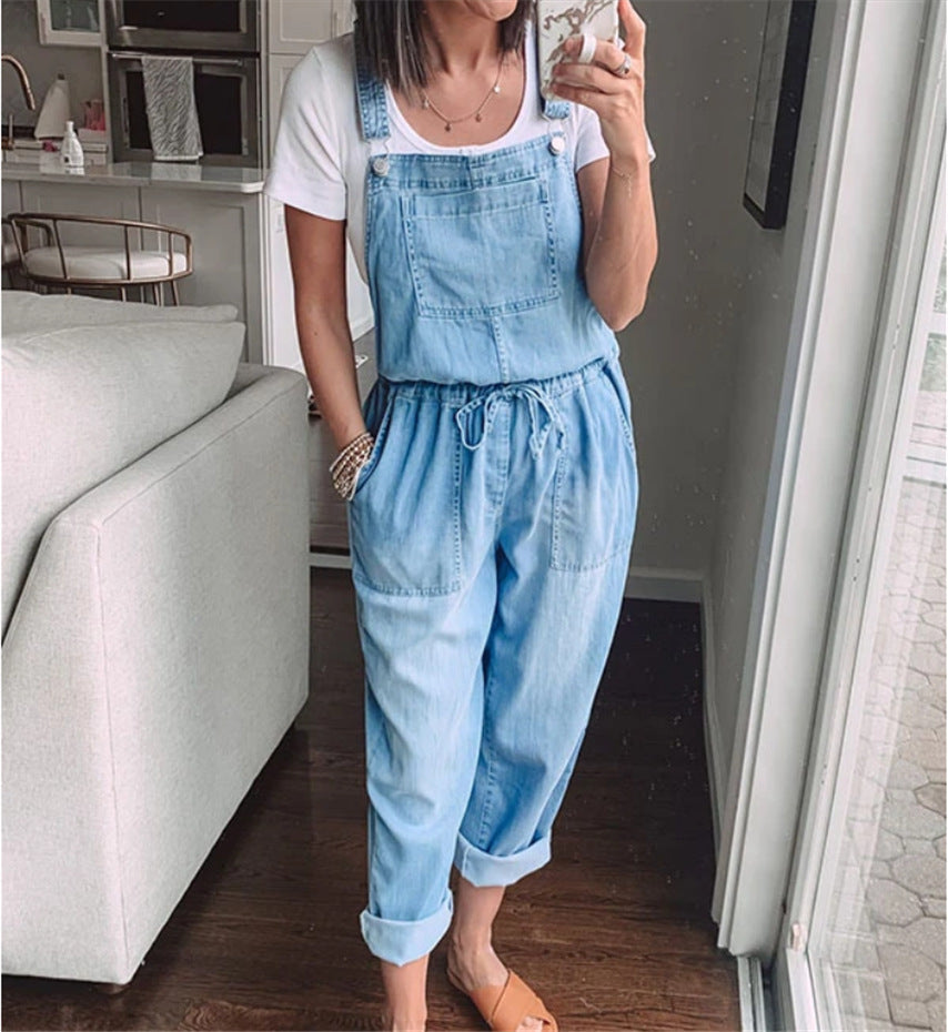 Woman`s Casual Drawstring Denim Overalls
