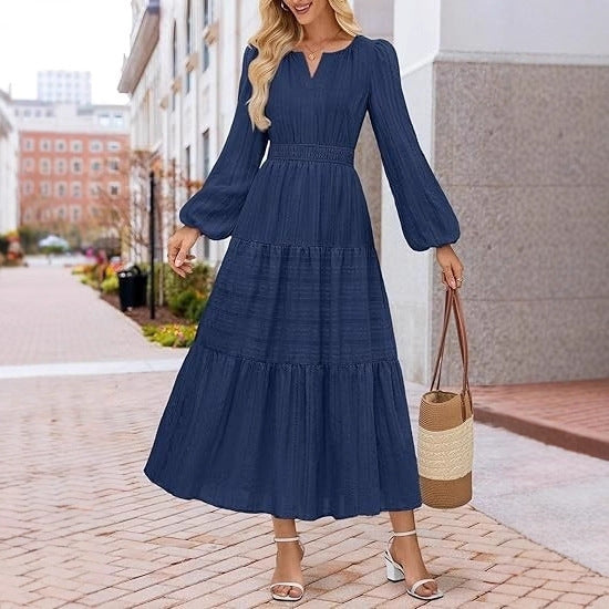 Layered Puffed-sleeve Dress Fashionable Ruffled Maxi Skirt - Woman`s Clothing