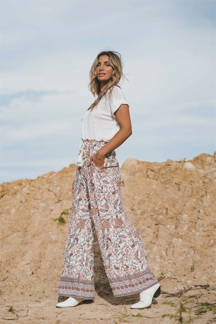 Printed Lanyard Wide Leg Pants Versatile Pants