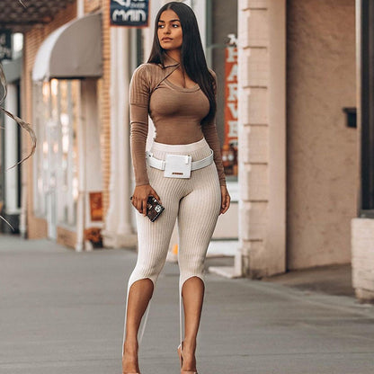 Striped slimming knitted five-point step on pants