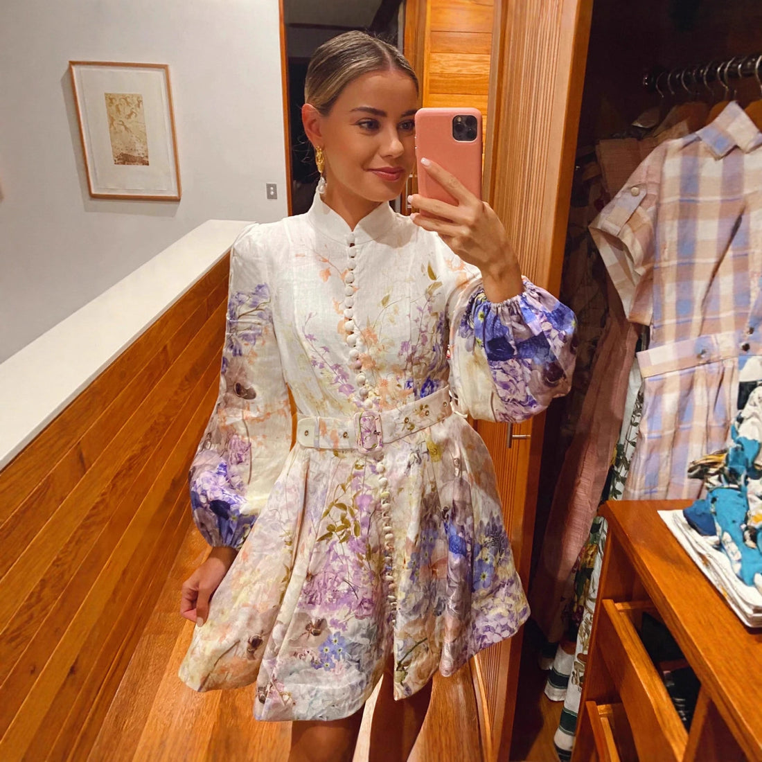 Printed Buttoned Waistband Long-Sleeve Dress - Woman`s Clothing