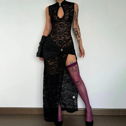Sexy Fashionable Lace Slit Slim Fit Sleeveless Dress - Woman`s Clothing