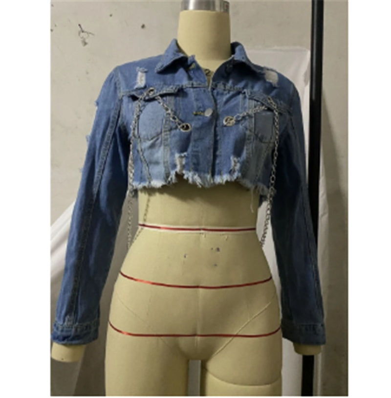 Short Frayed Denim Jacket Female Chain Fashion Denim Jacket