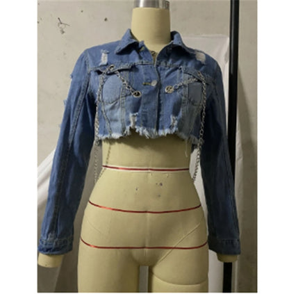 Short Frayed Denim Jacket Female Chain Fashion Denim Jacket