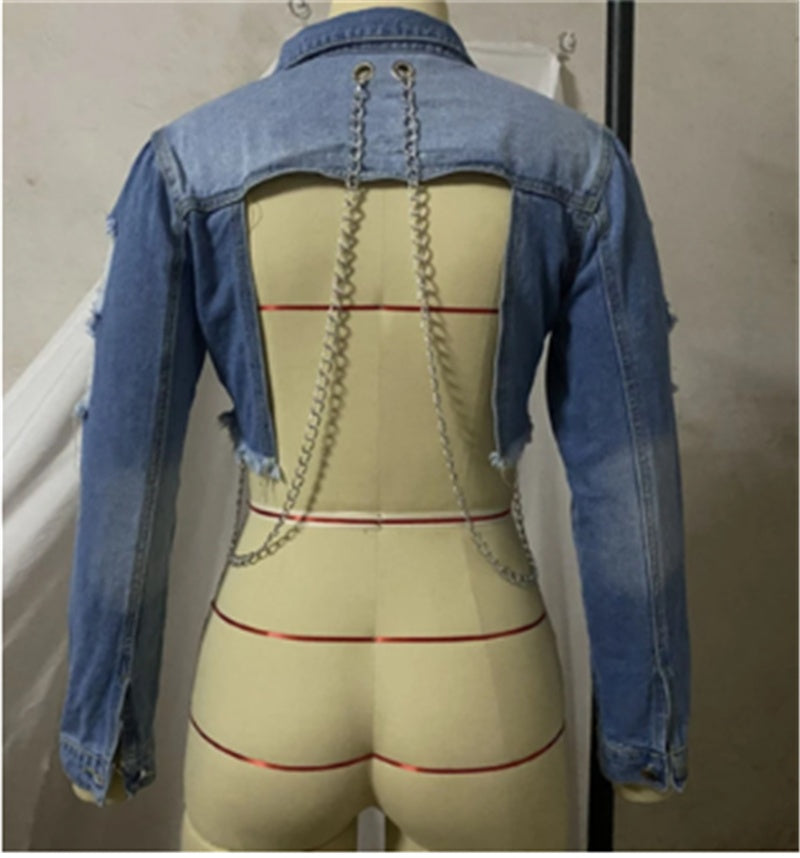 Short Frayed Denim Jacket Female Chain Fashion Denim Jacket