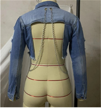 Short Frayed Denim Jacket Female Chain Fashion Denim Jacket