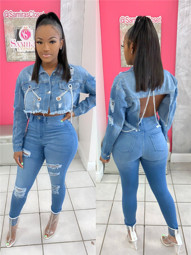 Short Frayed Denim Jacket Female Chain Fashion Denim Jacket