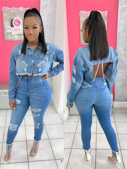 Short Frayed Denim Jacket Female Chain Fashion Denim Jacket