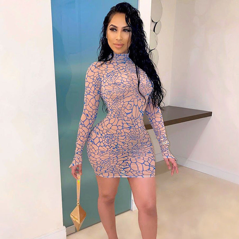 Digital Print Mesh Long Sleeve Partywear Hot Mini Dress - Woman`s Clothing