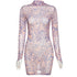 Digital Print Mesh Long Sleeve Partywear Hot Mini Dress - Woman`s Clothing