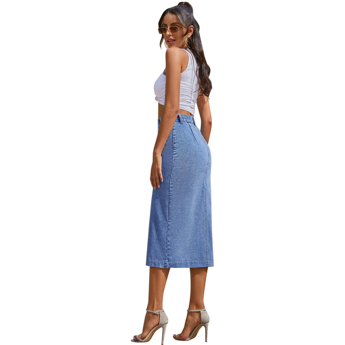 Button Irregular Slit Denim High Waist Skirt