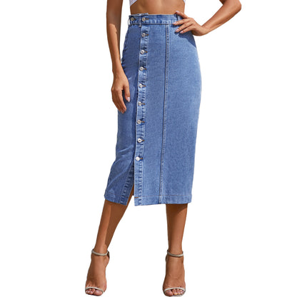 Button Irregular Slit Denim High Waist Skirt