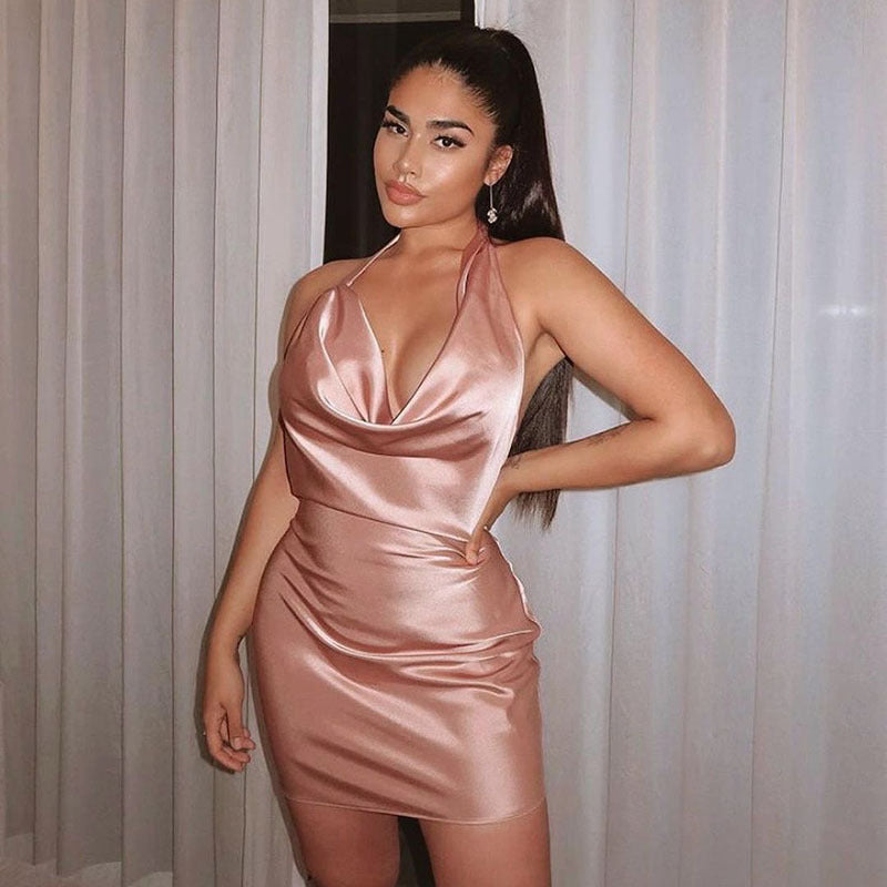 Satin Party V Neck Backless Dress - Woman`s Clothing