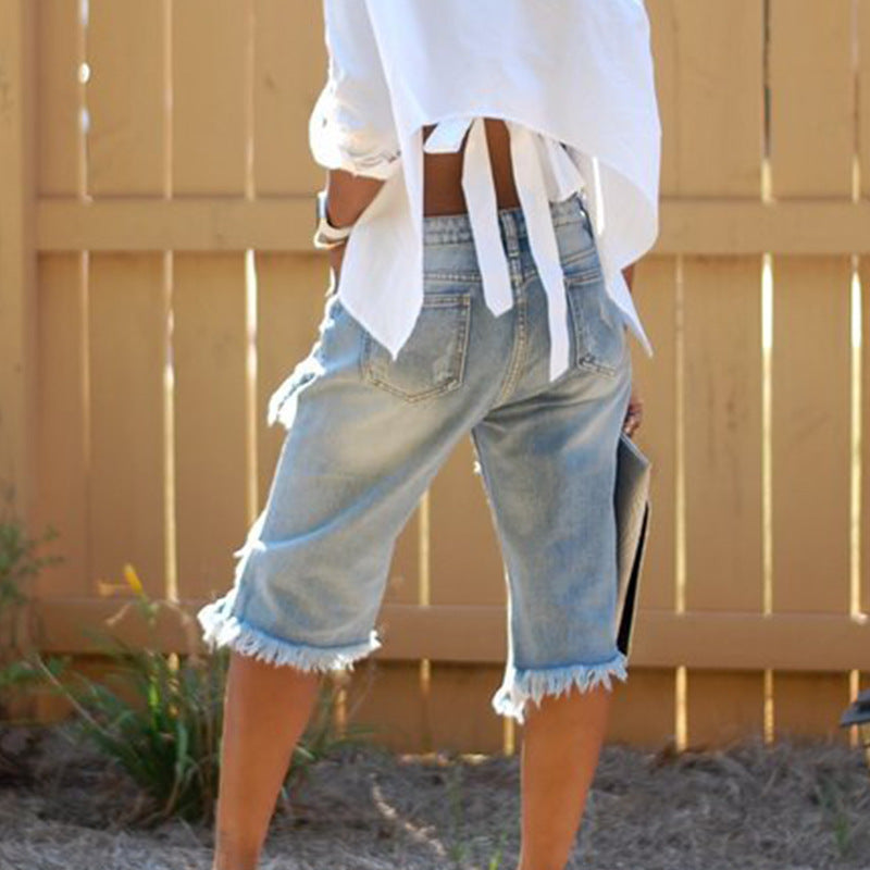 Ripped Loose Straight Denim Five-quarter Shorts