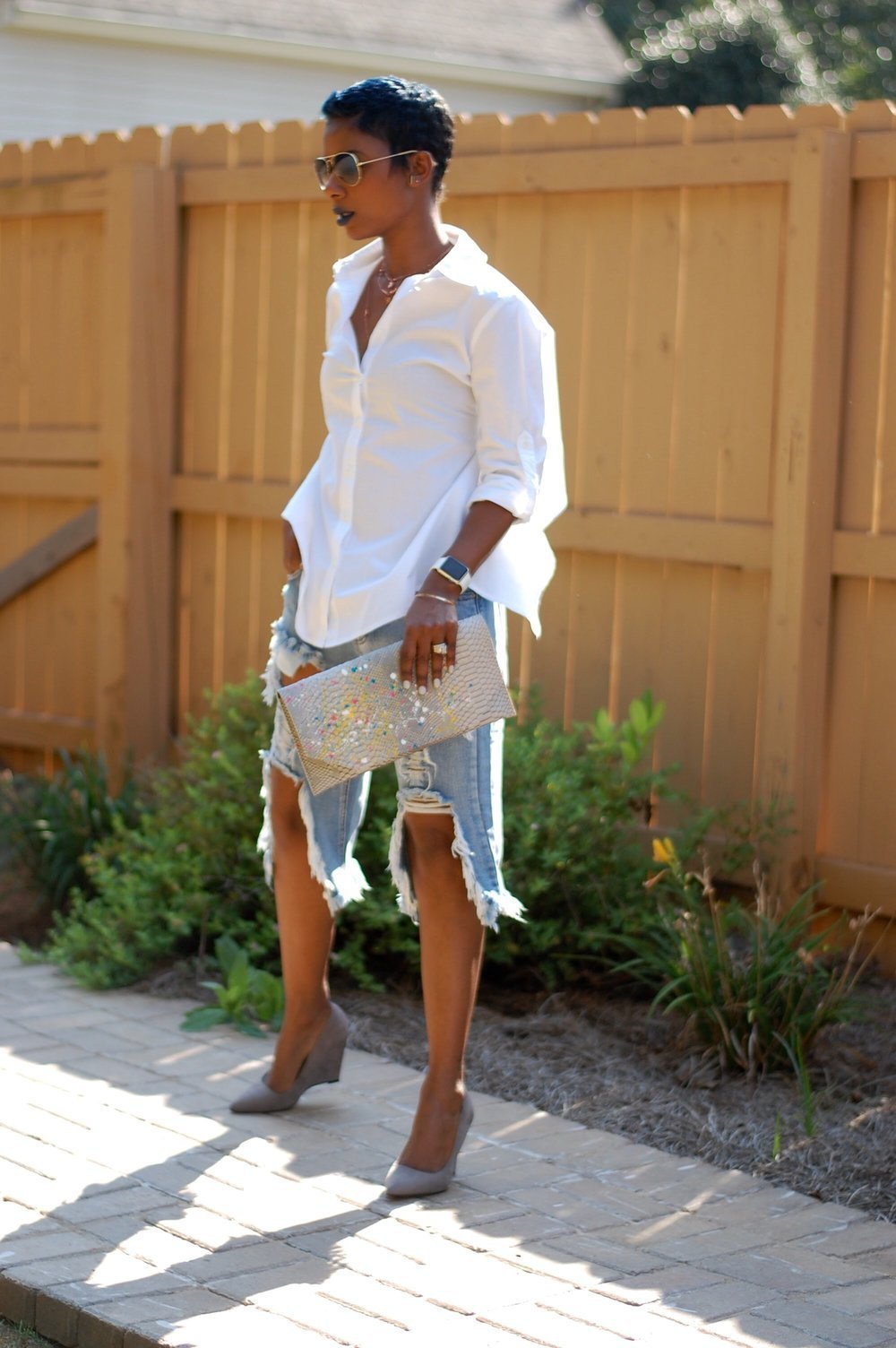 Ripped Loose Straight Denim Five-quarter Shorts