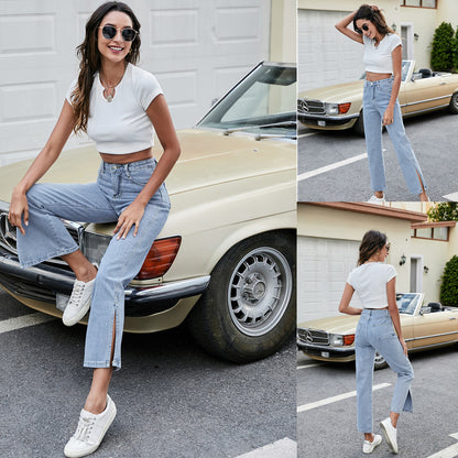 Woman`s Casual Side Slit All-match Jeans