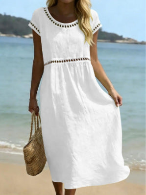 Elegant Round Neck Cotton Dress With Embroidered Lace Trim