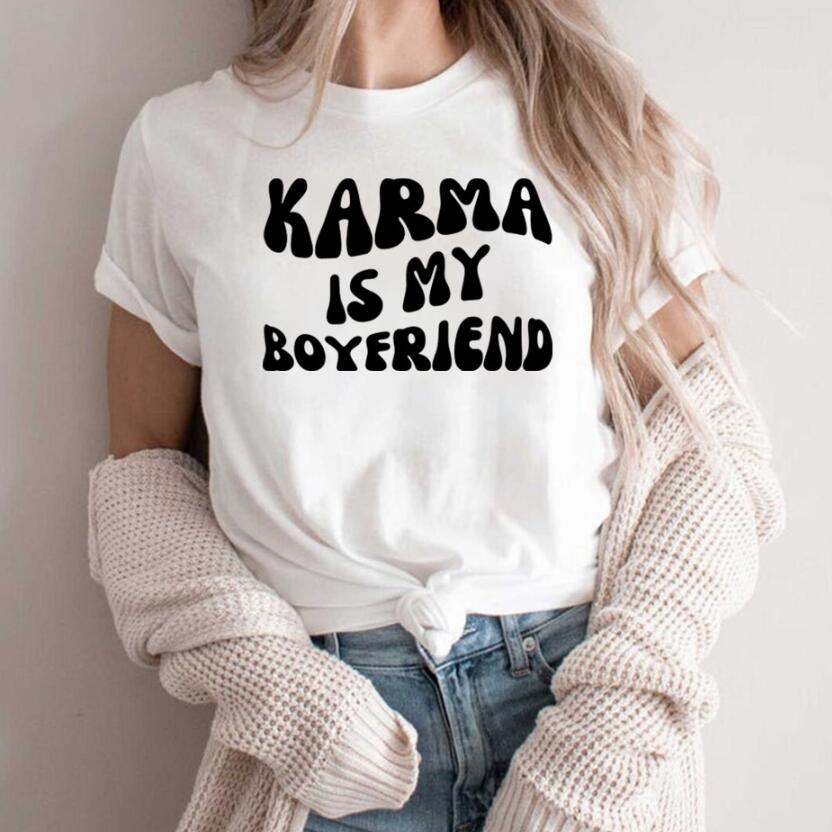 Karma is my Boyfriend Casual Round Neck Short Sleeves T-shirt - Woman`s Clothing