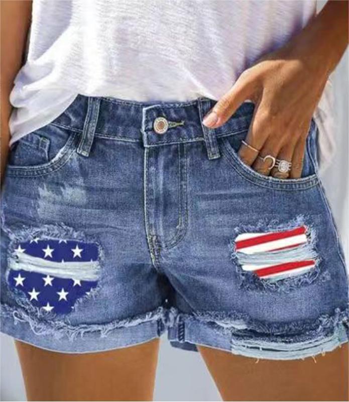 Woman`s Flag Printed Patch Denim Shorts