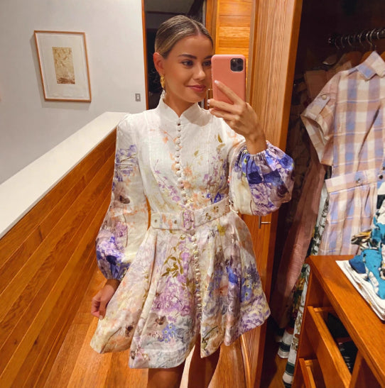 Printed Buttoned Waistband Long-Sleeve Dress - Woman`s Clothing
