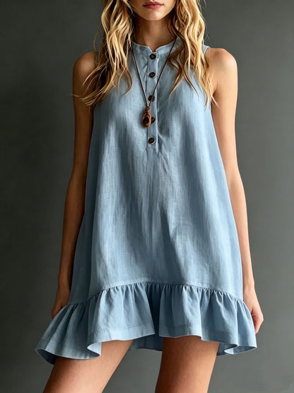 Cotton Solid Colour Stand Collar Sleeveless Ruffle Trim Dress - Woman`s Clothing
