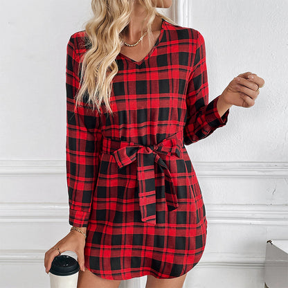 Fashionable Plaid Long Sleeve Belted Dress - Woman`s Clothing