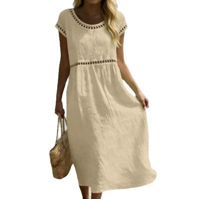 Elegant Round Neck Cotton Dress With Embroidered Lace Trim