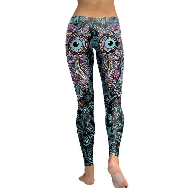 Women`s Cool Owl Digital Print Flower Fitness Workout Leggings
