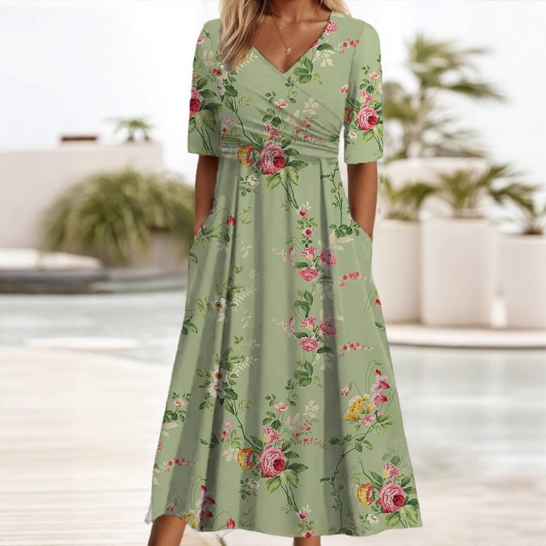 V-neck Short sleeve Belted Maxi Dress With Pockets - Woman`s Clothing