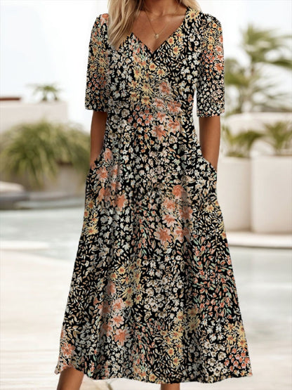V-neck Short sleeve Belted Maxi Dress With Pockets - Woman`s Clothing